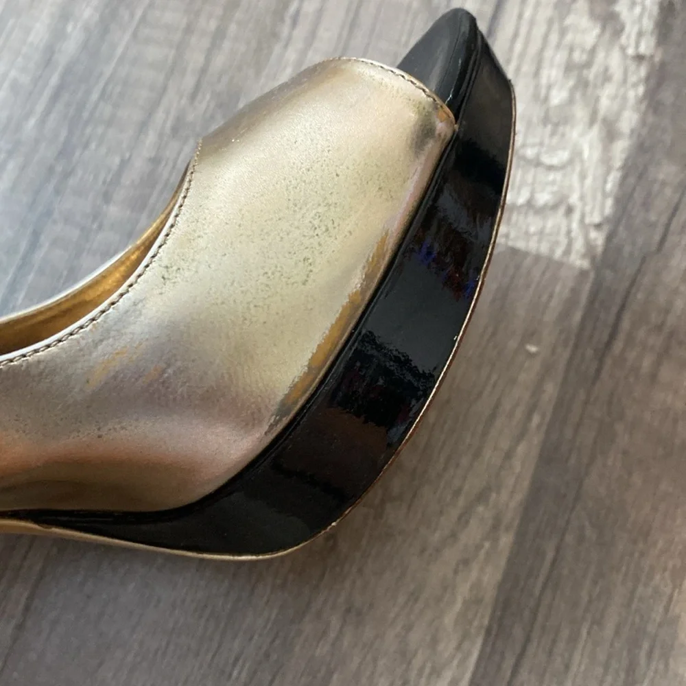 Miu Miu Platform Heels Gold Black Peep Toe